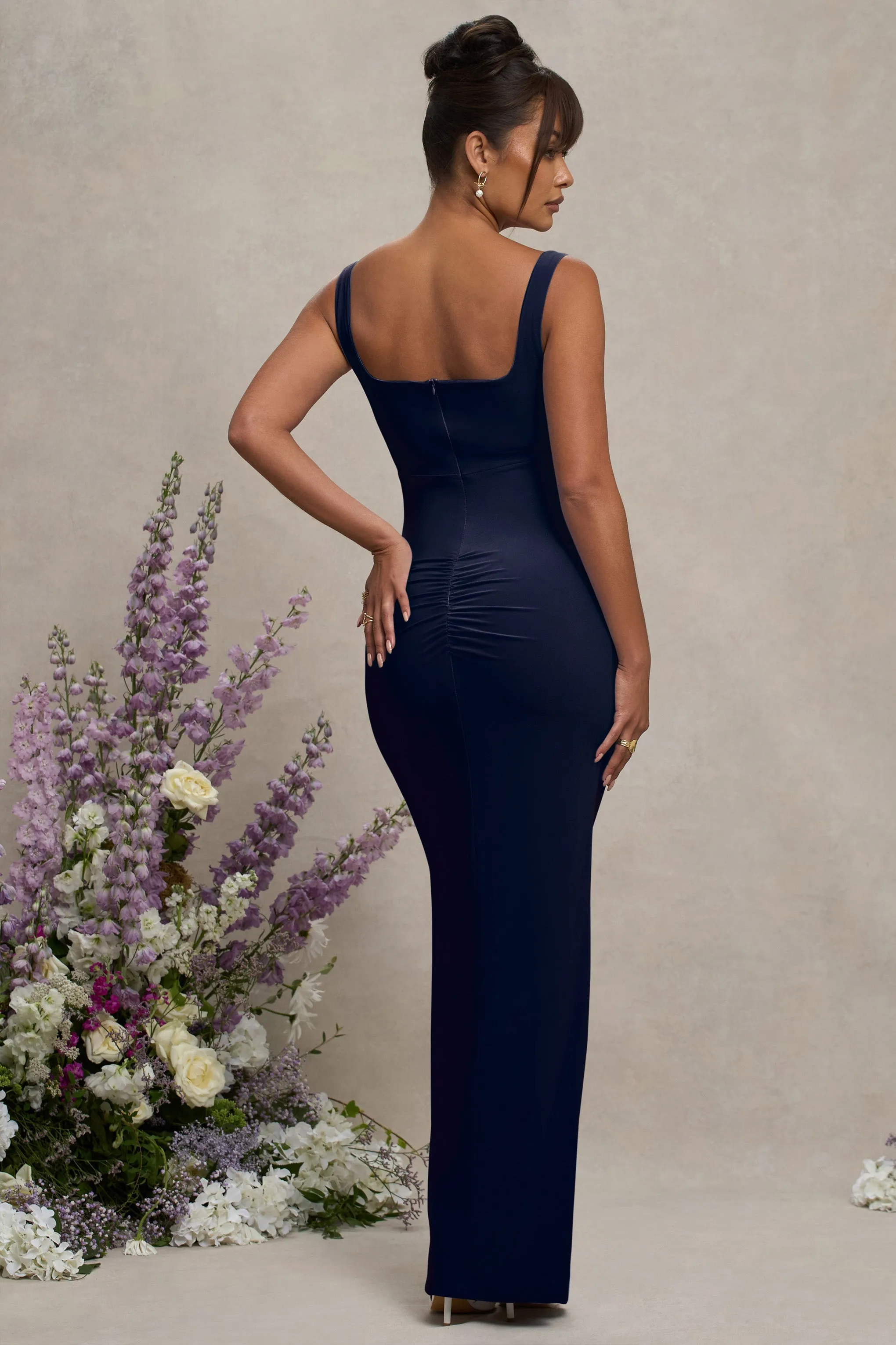 Avril | Navy Square Neck Maternity Maxi Dress with Split