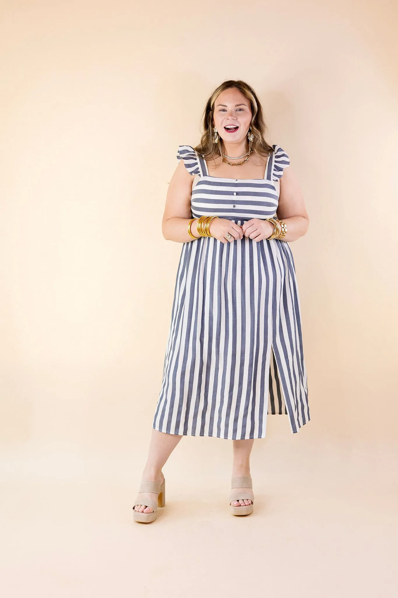 Beach Dreamin Striped Dress in Dark Blue and White