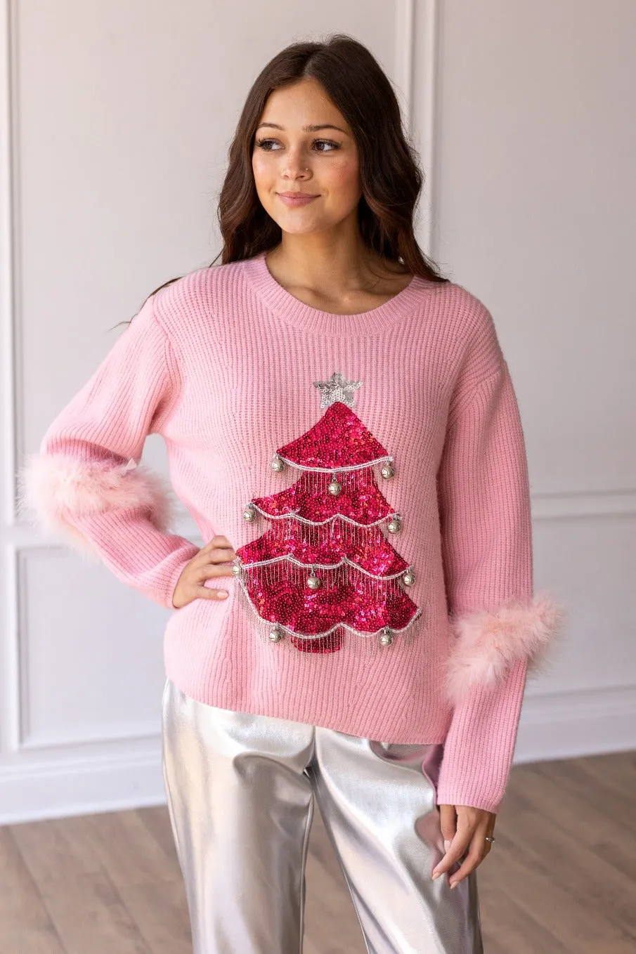 Beaded Christmas Tree Pink Sweater