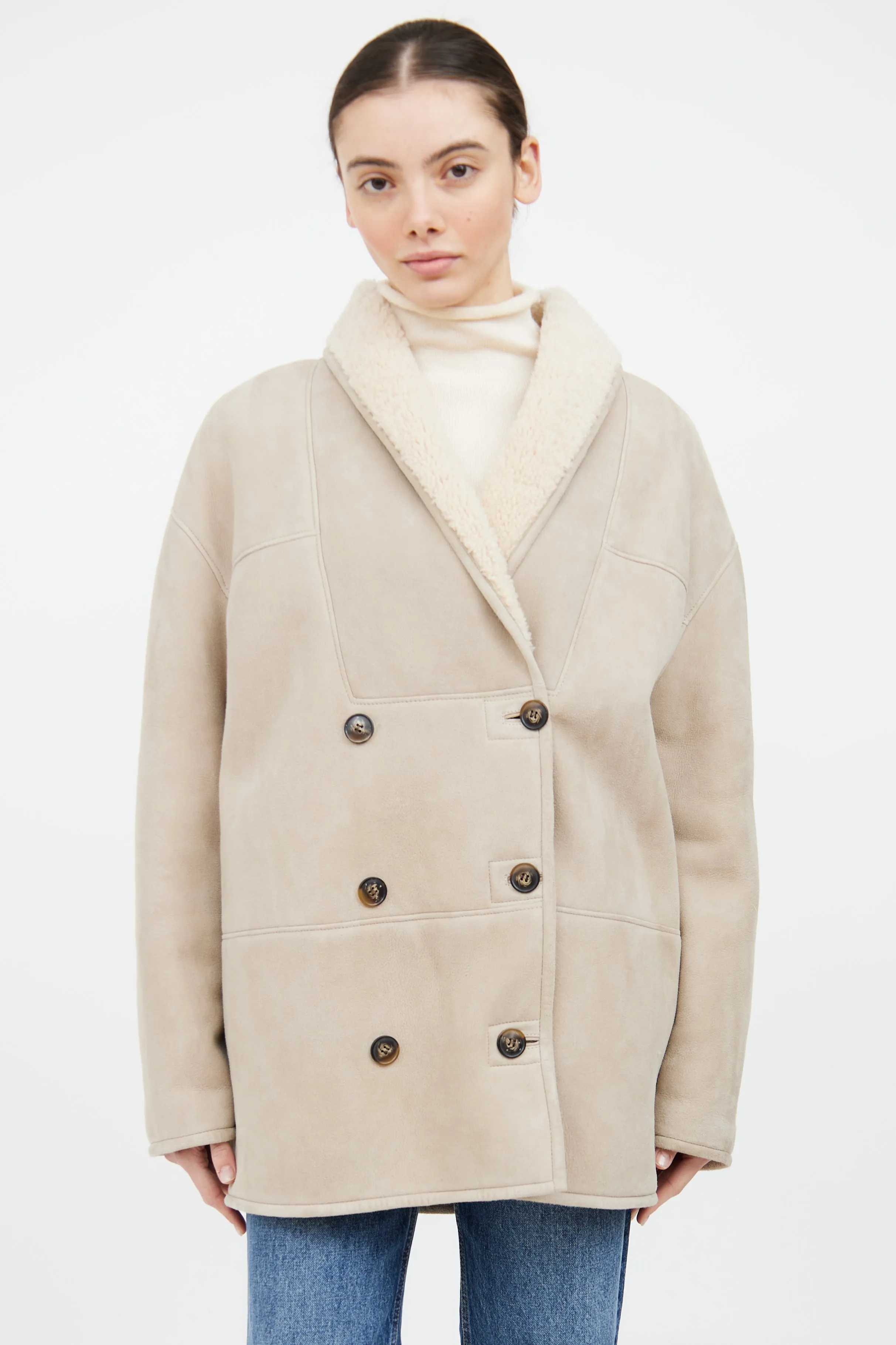 Beige Shearling Double Breasted Jacket