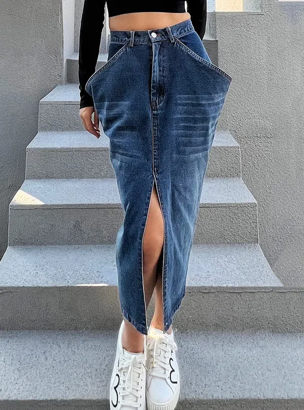 Big Pockets Slits Denim Skirt