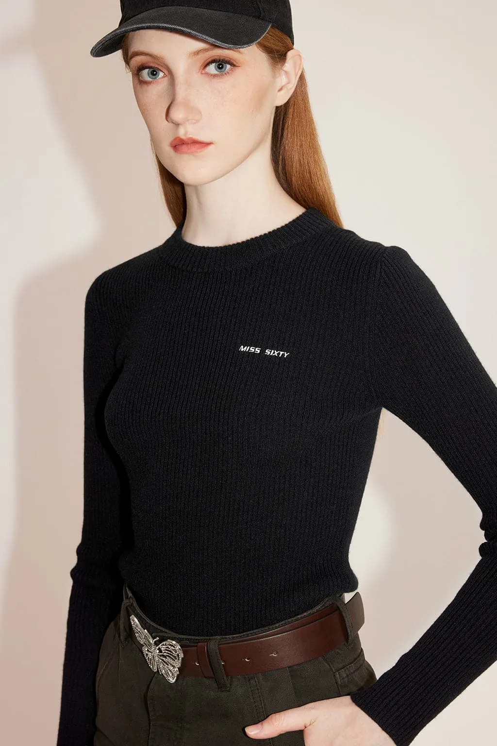 Black Crew Neck Stretch Cashmere Blend Sweater