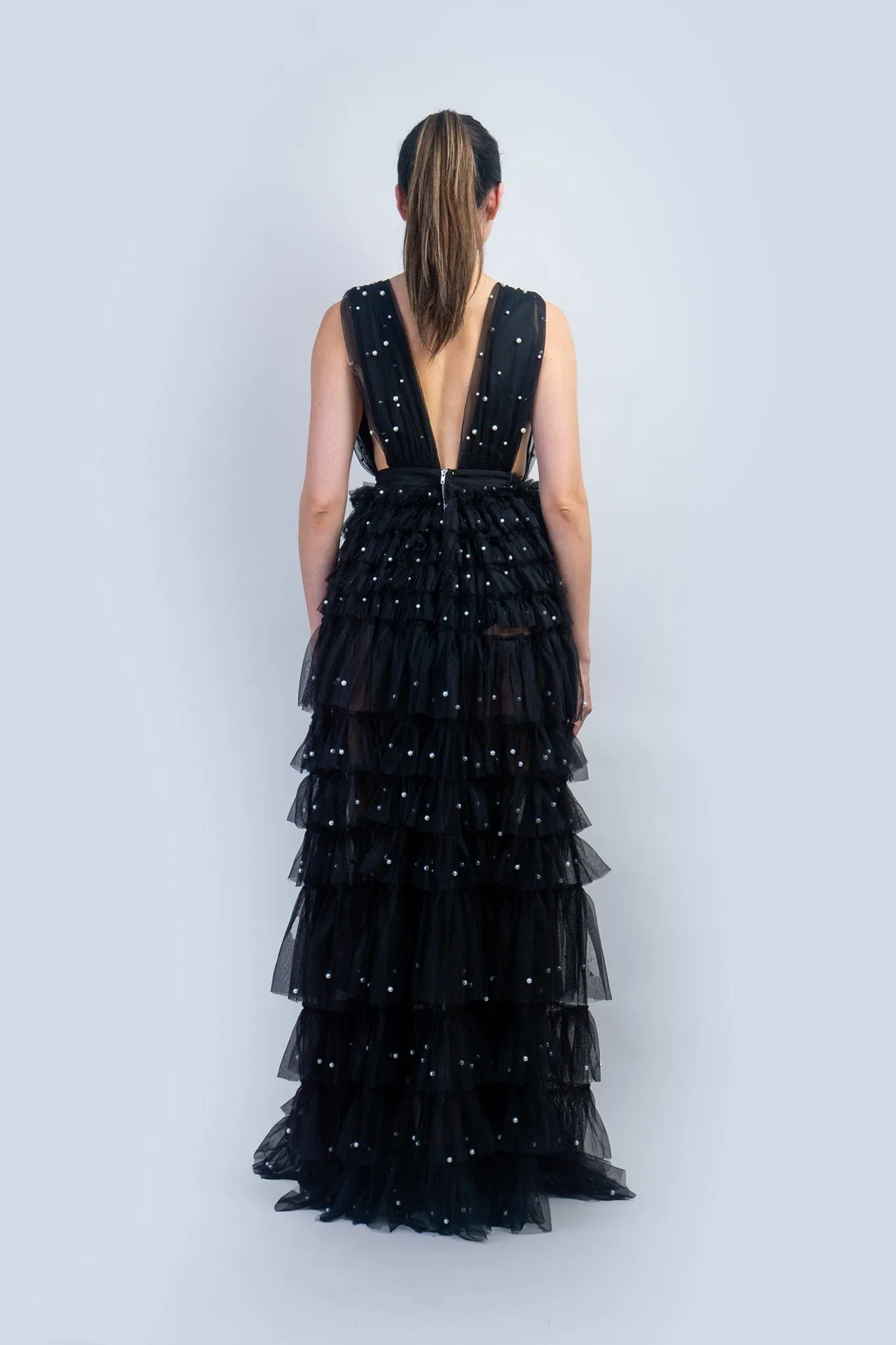 Black Deep V Tulle Ruffle Maxi Dress w/ Pearls