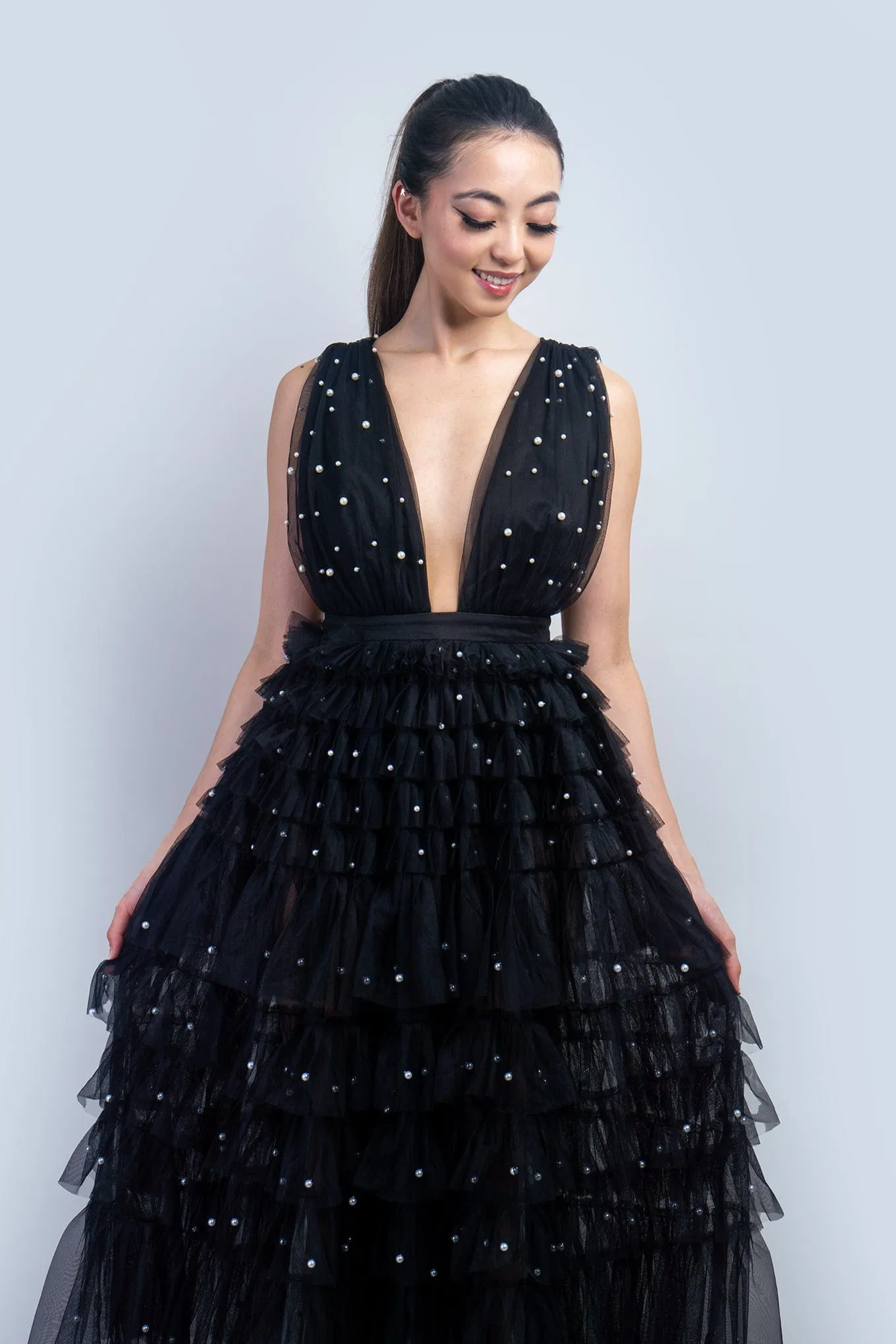 Black Deep V Tulle Ruffle Maxi Dress w/ Pearls