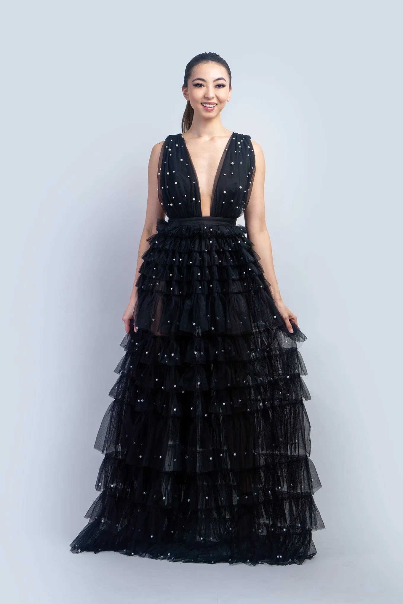 Black Deep V Tulle Ruffle Maxi Dress w/ Pearls