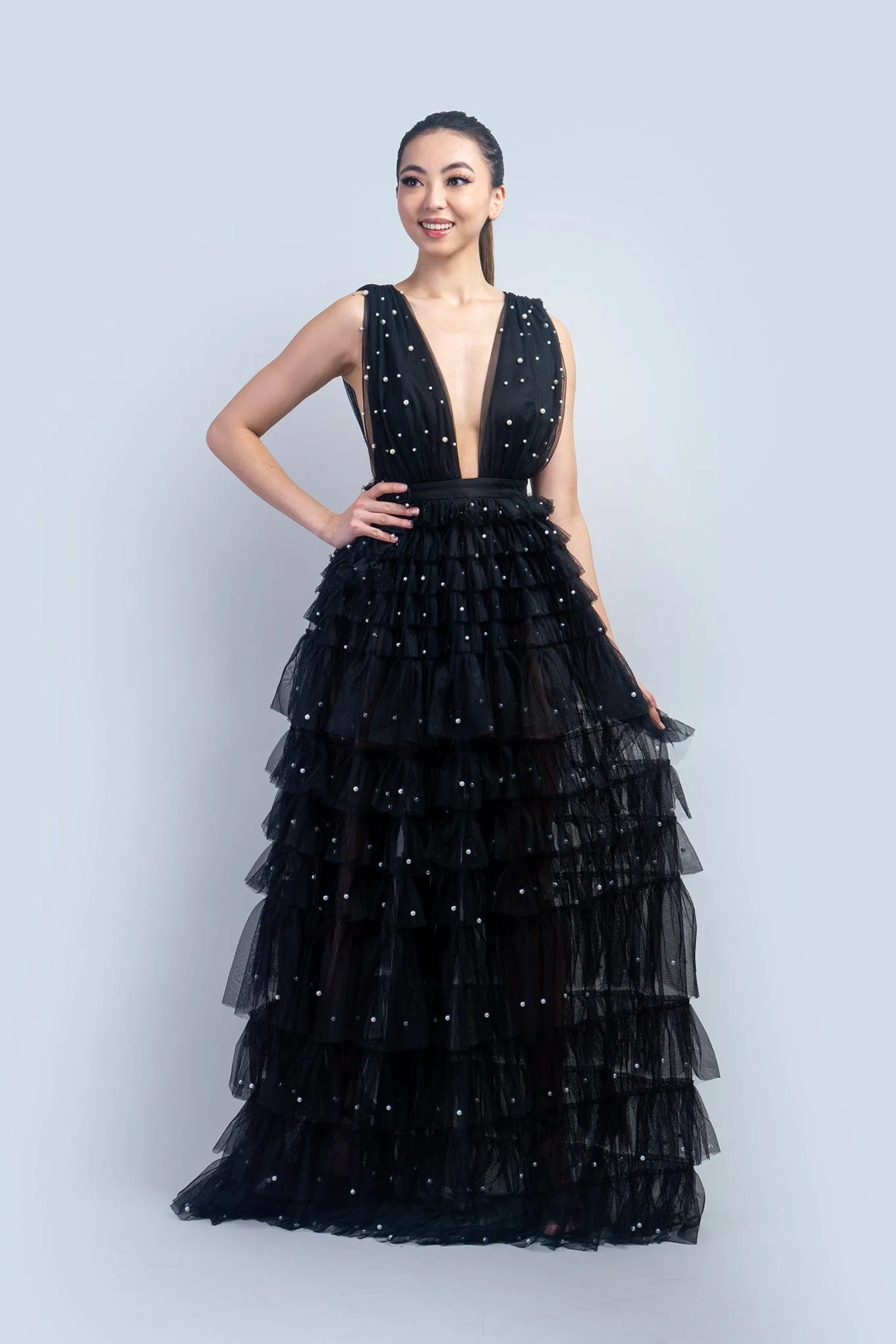 Black Deep V Tulle Ruffle Maxi Dress w/ Pearls