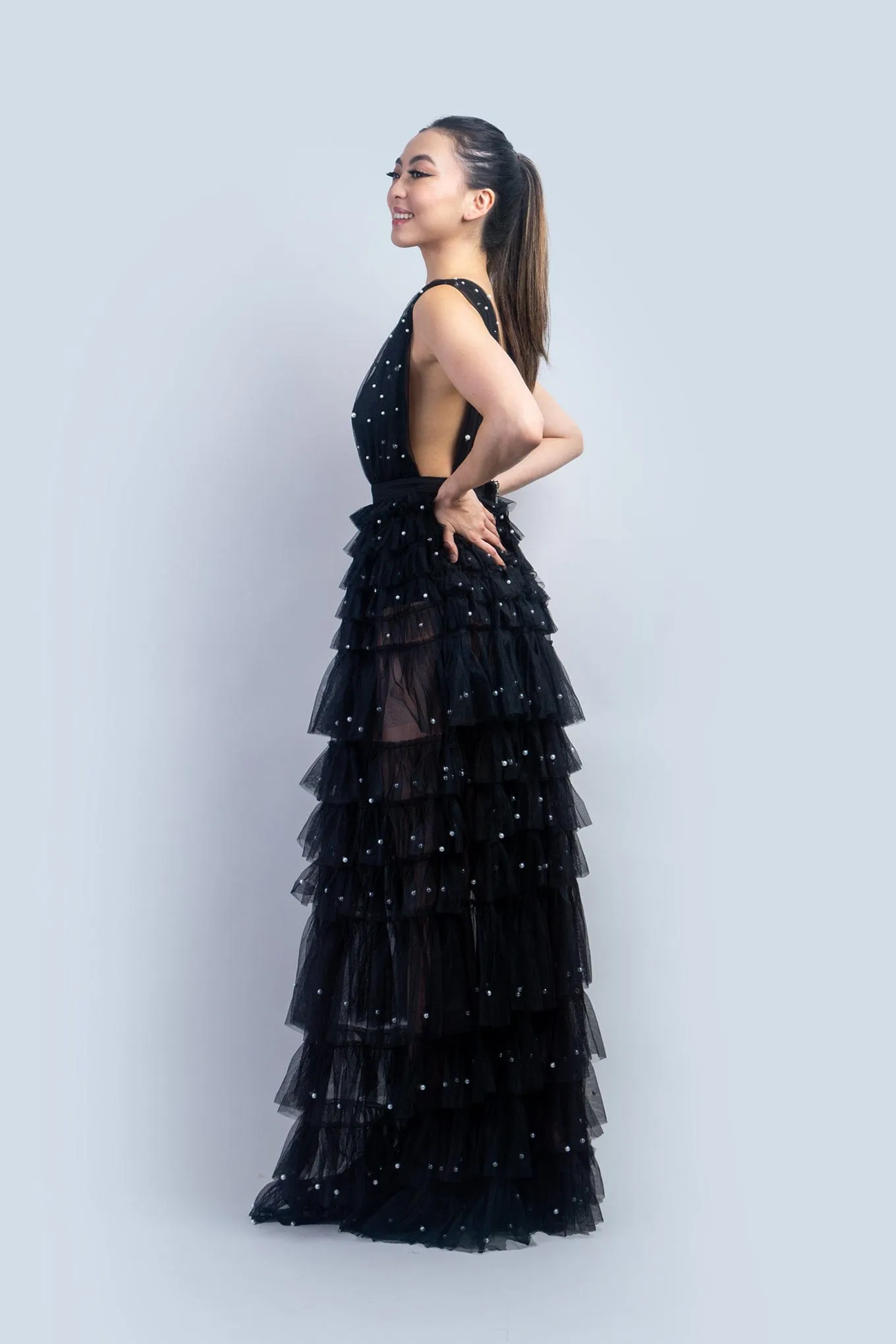 Black Deep V Tulle Ruffle Maxi Dress w/ Pearls