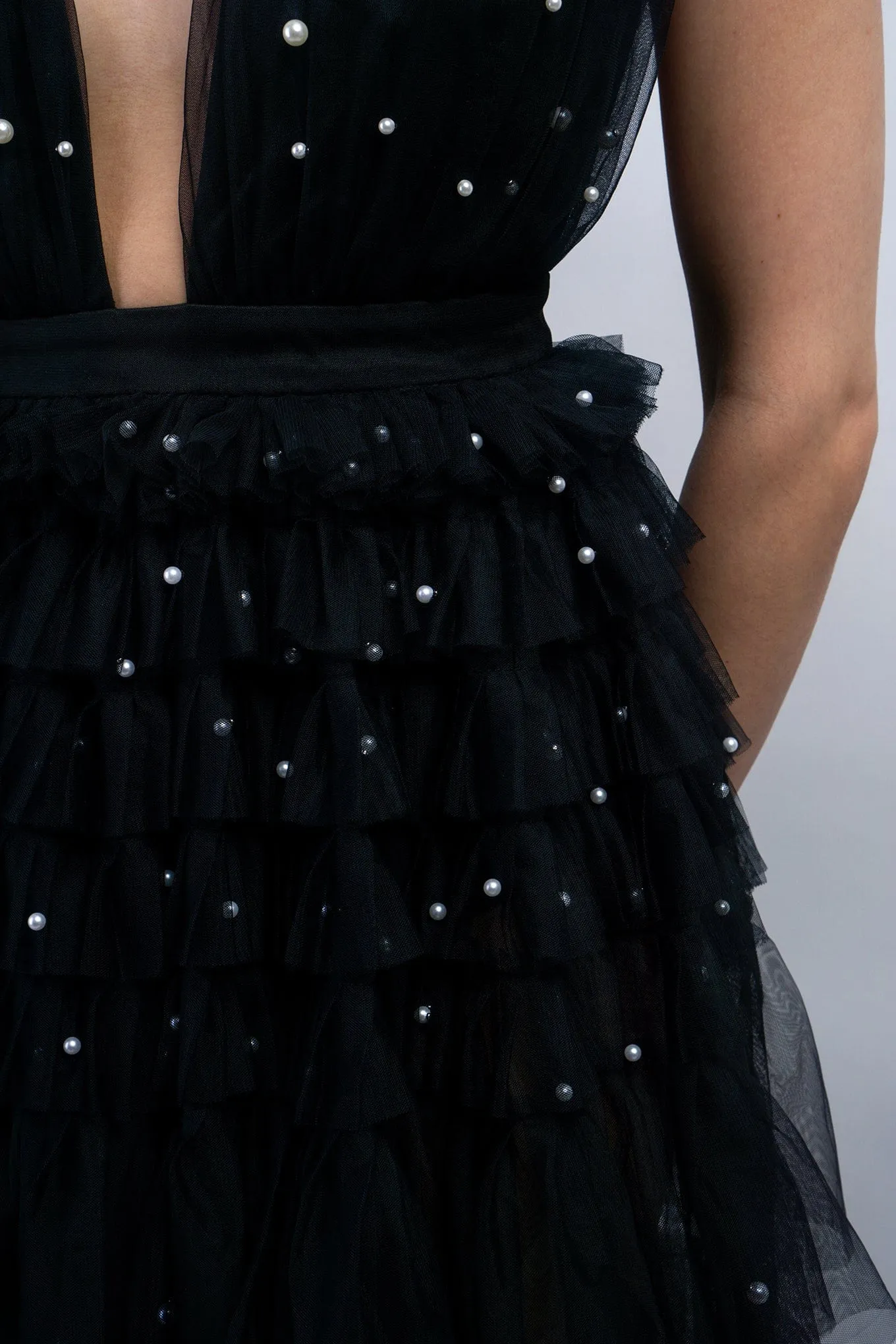 Black Deep V Tulle Ruffle Maxi Dress w/ Pearls