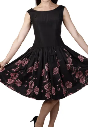 Black Dress w/ Pink Floral Embroidery & Pleats 1950s