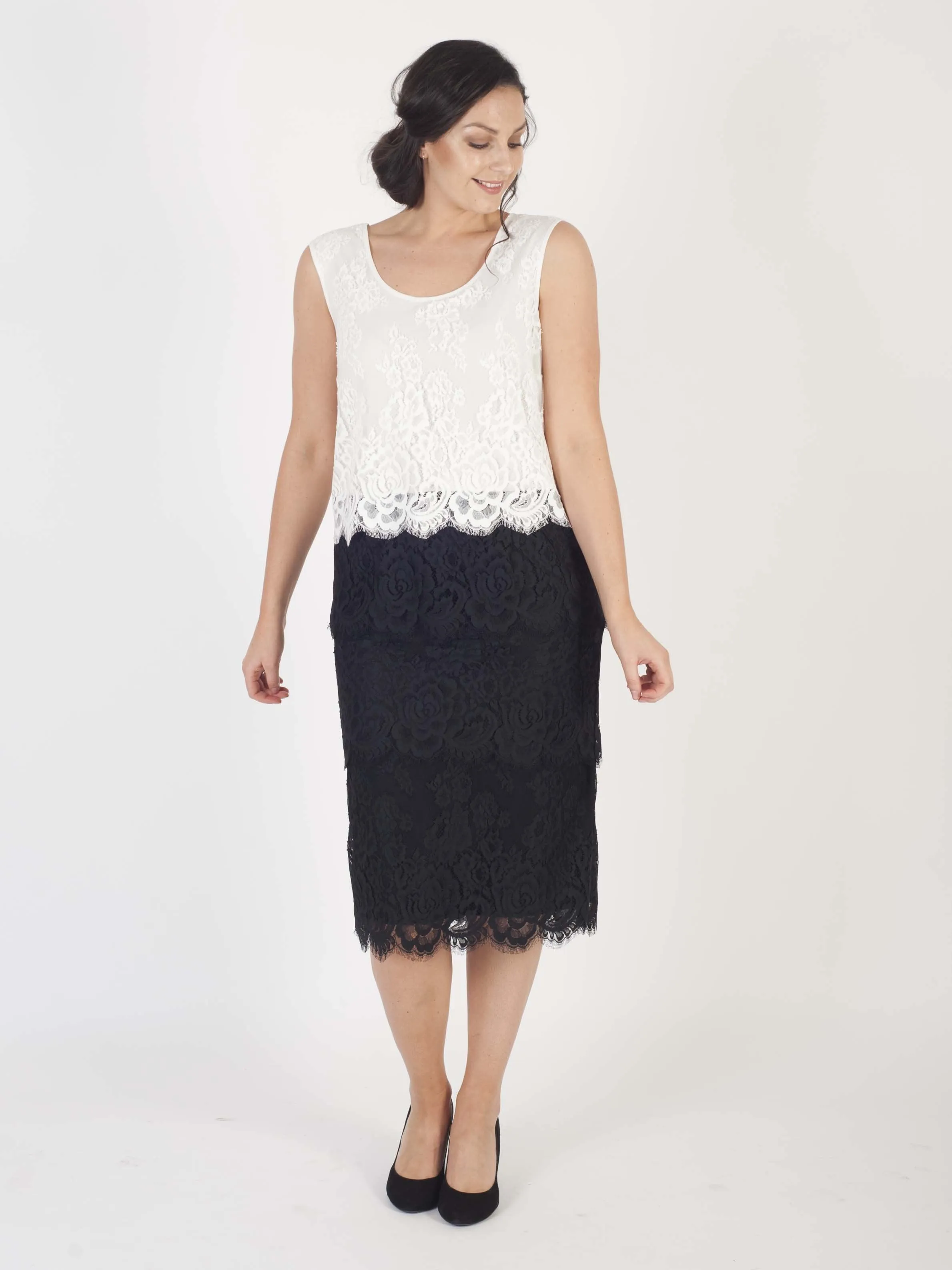 Black Eyelash Trim Multi Layer Scallop Lace Dress