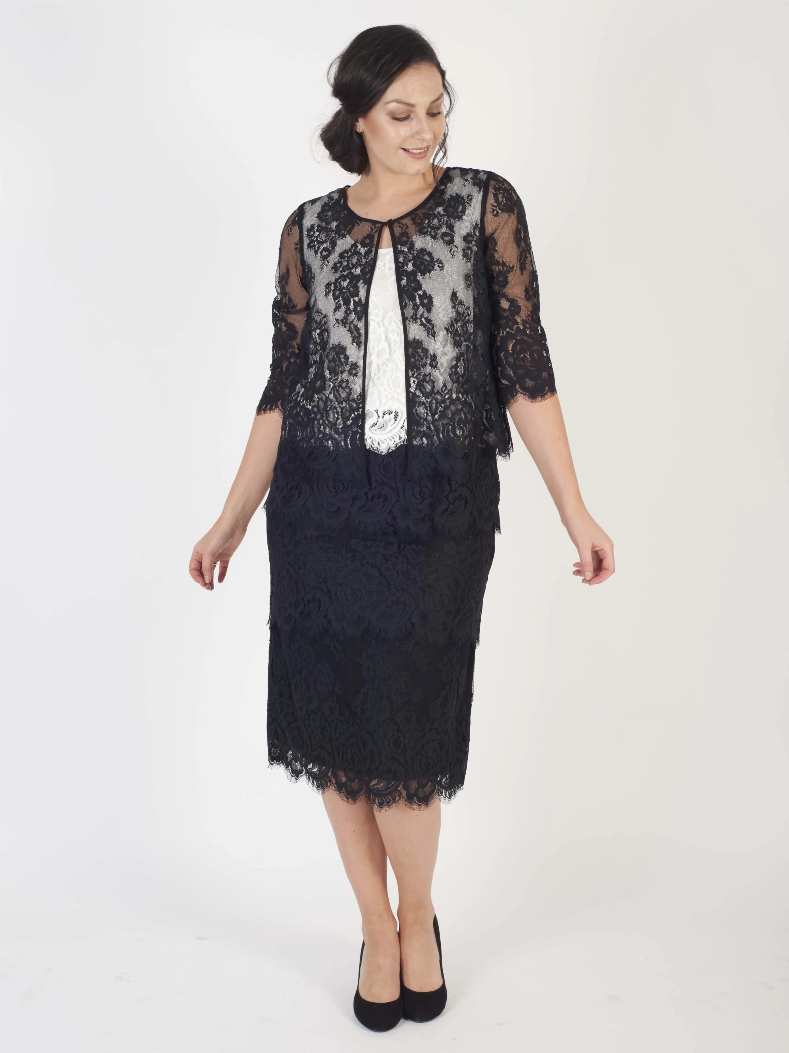 Black Eyelash Trim Multi Layer Scallop Lace Dress