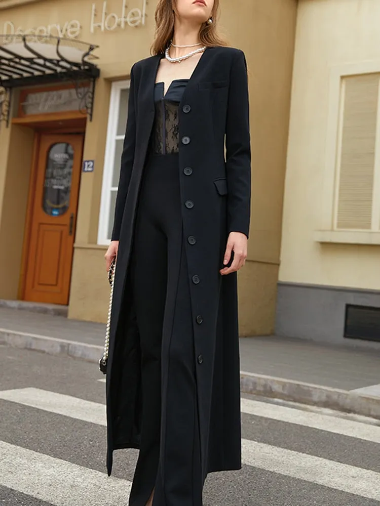 Black Loose Trench Coat For Women Notched Collar Long Sleeve Solid Minimalist Coats Female Korean Fashion Clothing