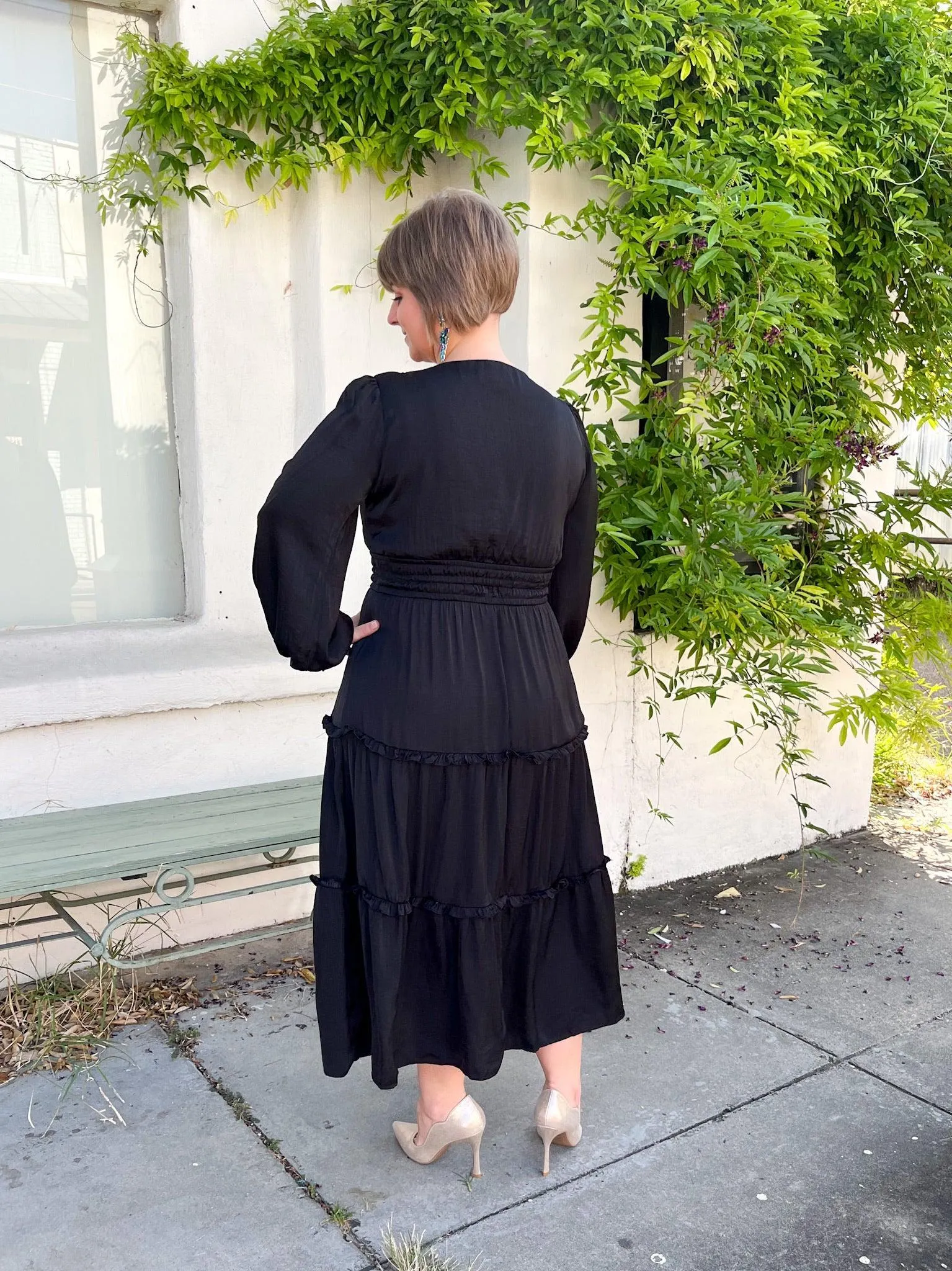 Black Maxi Satin Ruffle Dress