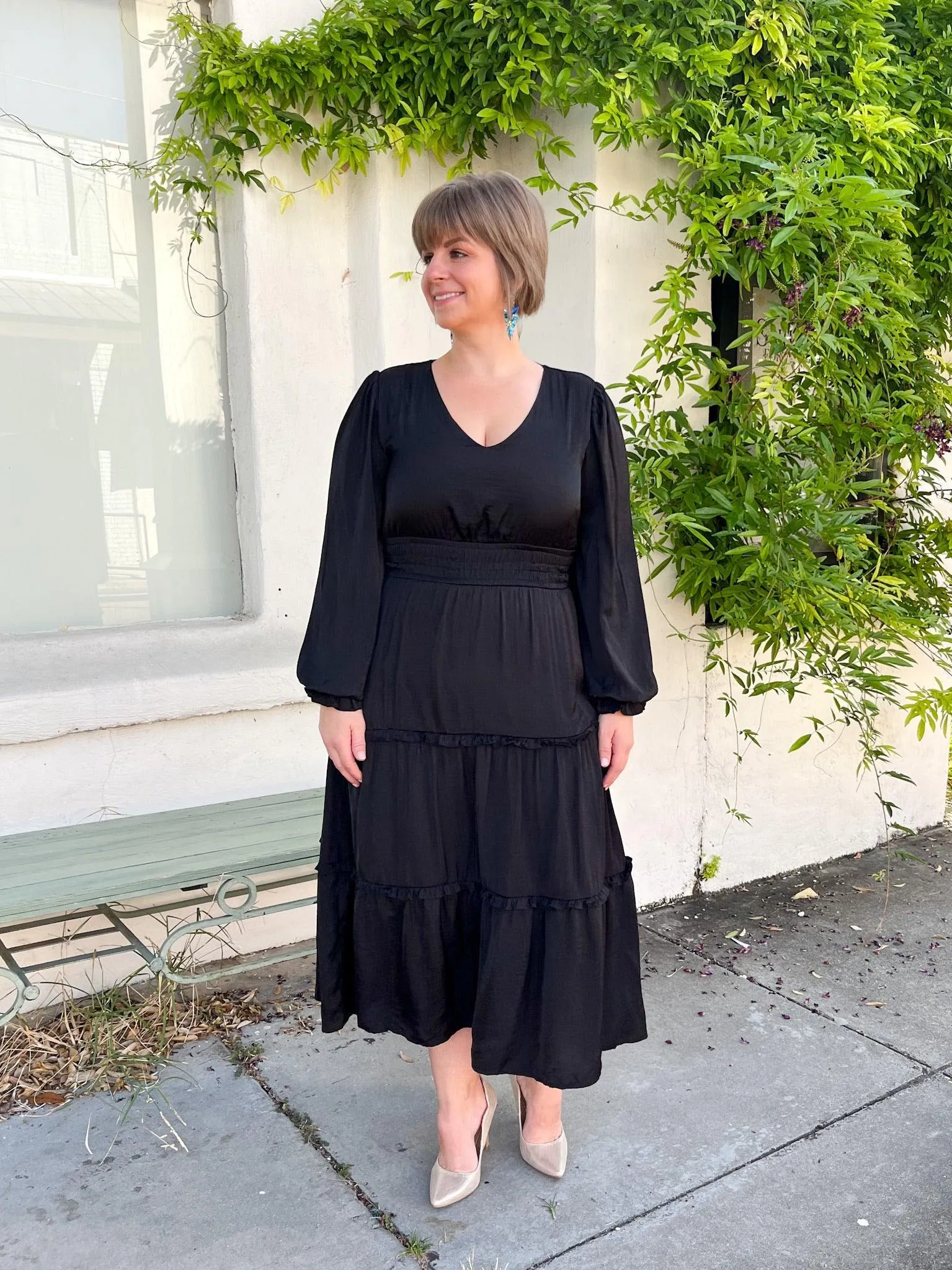 Black Maxi Satin Ruffle Dress