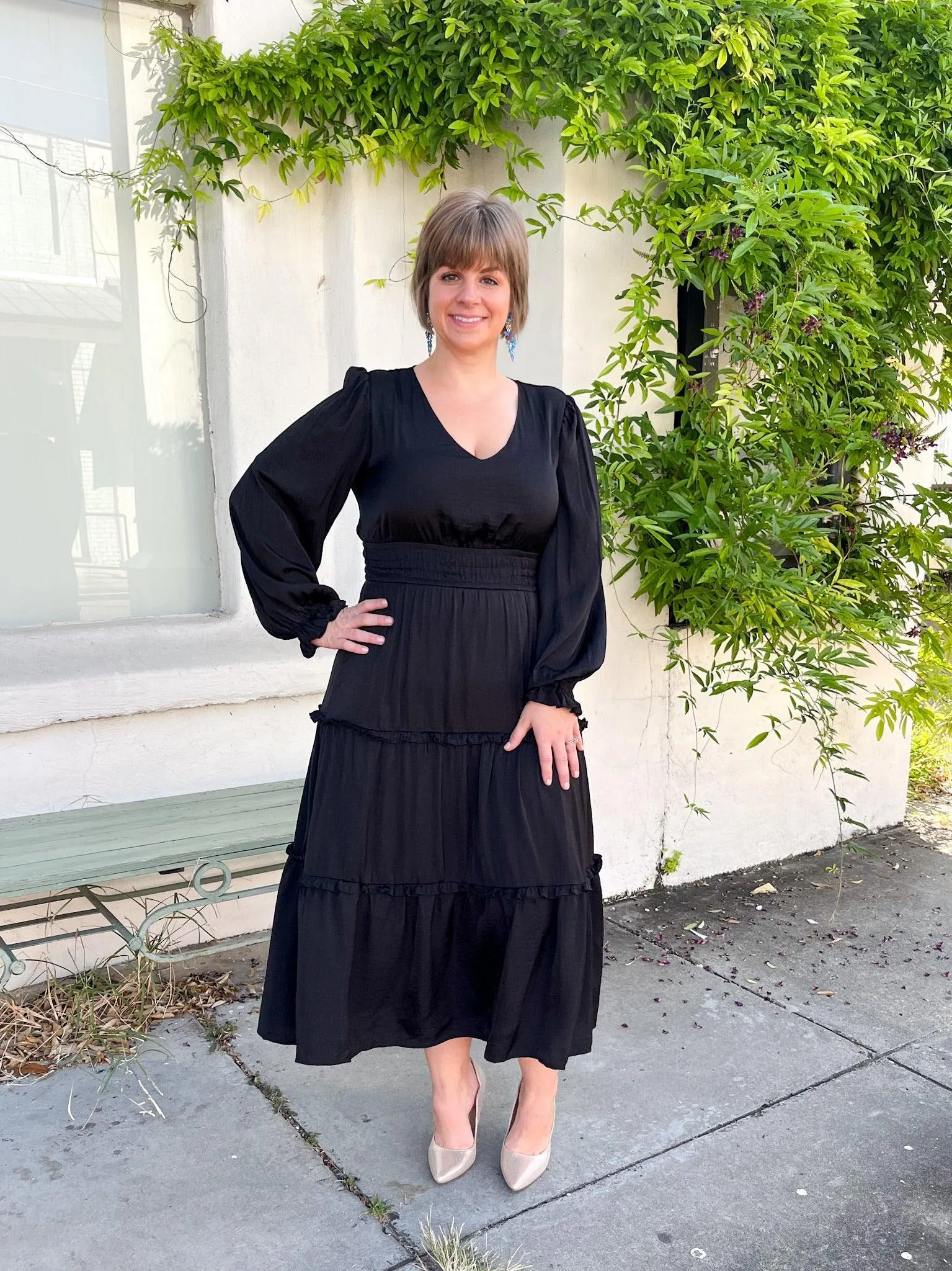 Black Maxi Satin Ruffle Dress