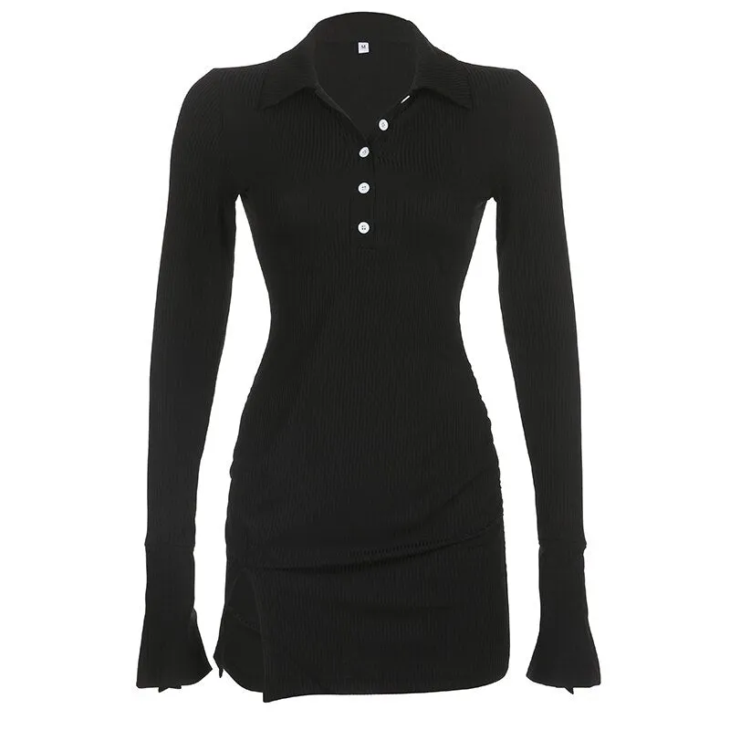 Black Ribbed Bodycon Long-Sleeve Dress