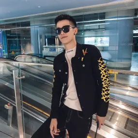 Black with Casual Yellow Pattern Slim Fit Buttoned Style Men Jacket