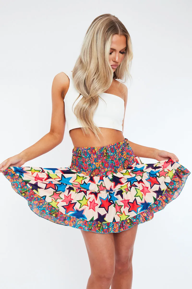 Blue Abstract Print Shirred Boho Mini Skirt - Lottie