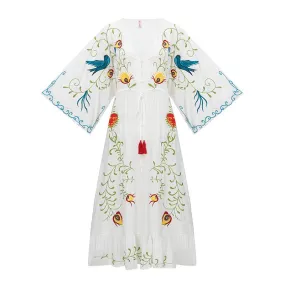 Boho Floral Embroidered Tie-Waist Maxi Dress