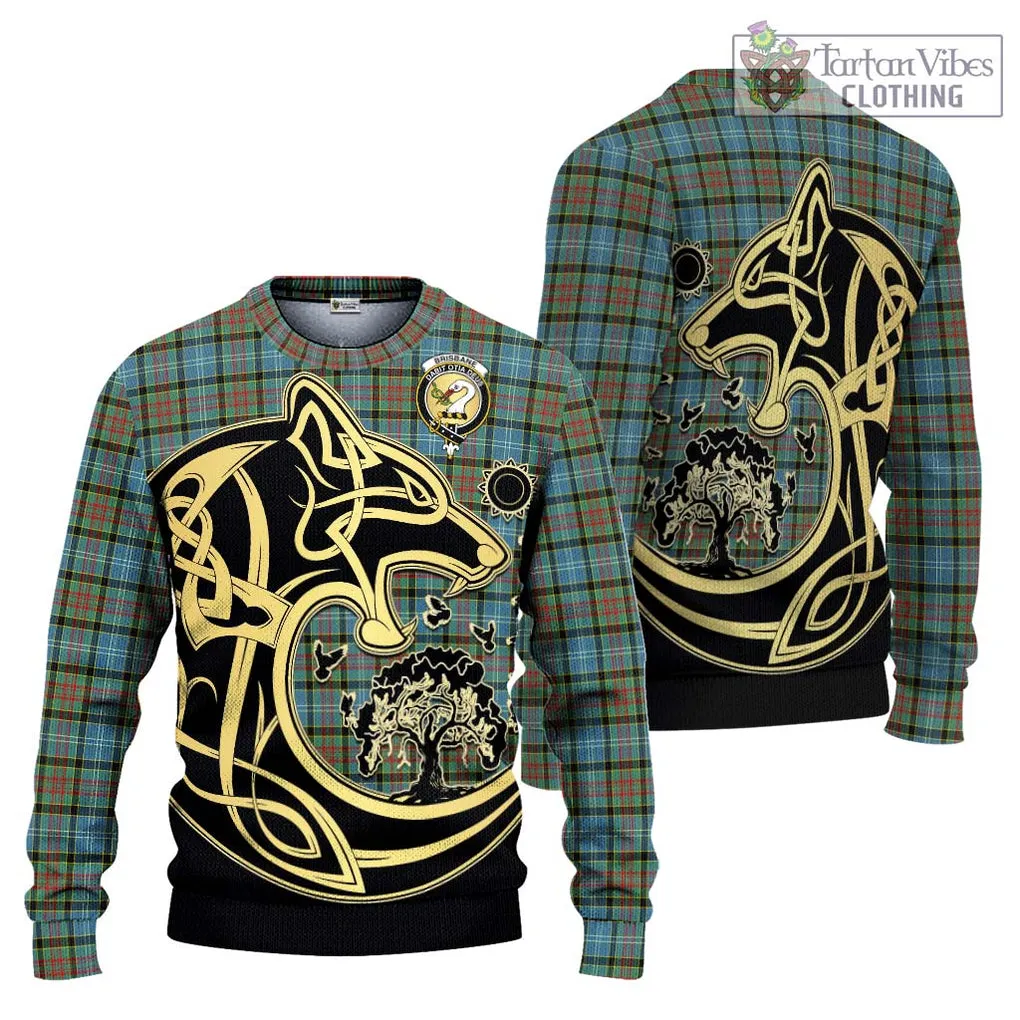 Brisbane Tartan Ugly Sweater with Family Crest Celtic Wolf Style