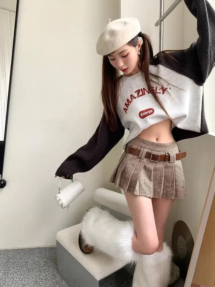 Brown Sexy Club Short Skirt Ladies Autumn Clothes Women's High Waist Harajuku Korean College Style Mini Belt Pleated Skirt