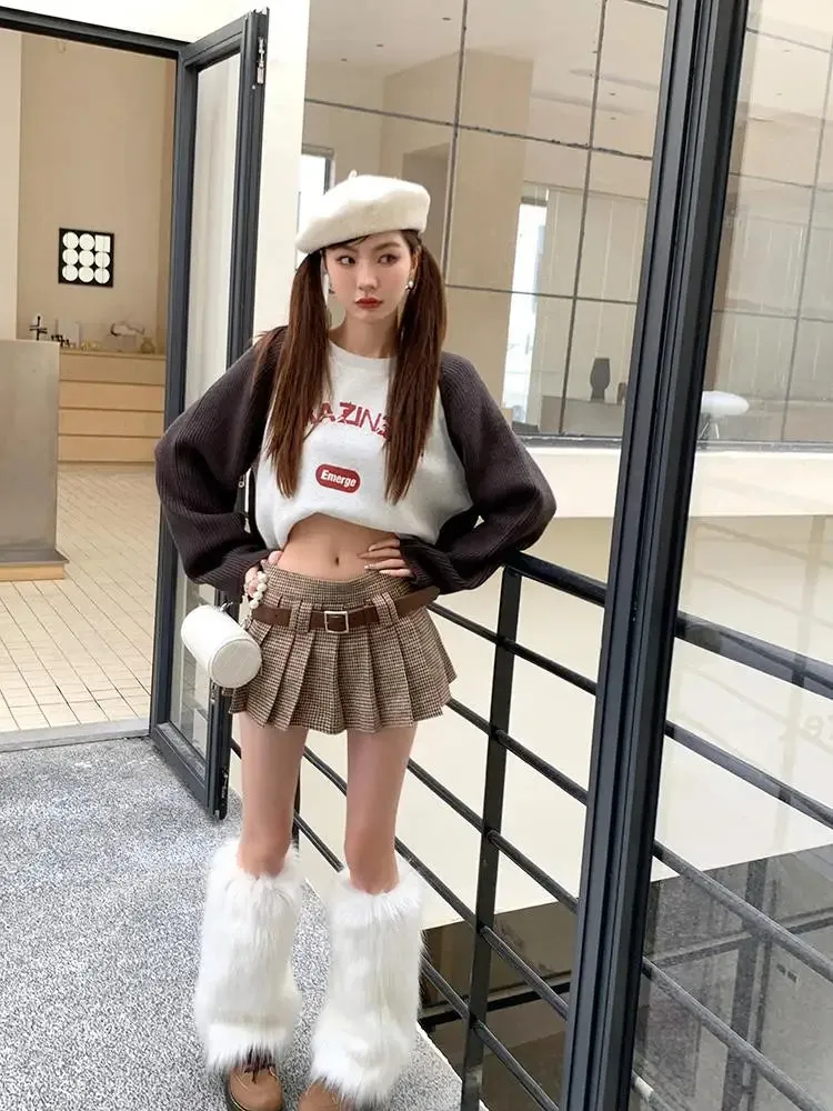 Brown Sexy Club Short Skirt Ladies Autumn Clothes Women's High Waist Harajuku Korean College Style Mini Belt Pleated Skirt