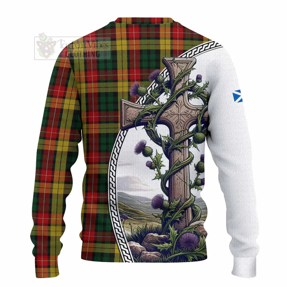 Buchanan Tartan Knitted Sweater with Family Crest and St. Andrew's Cross Accented by Thistle Vines