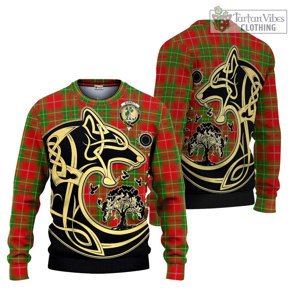 Burnett Tartan Ugly Sweater with Family Crest Celtic Wolf Style