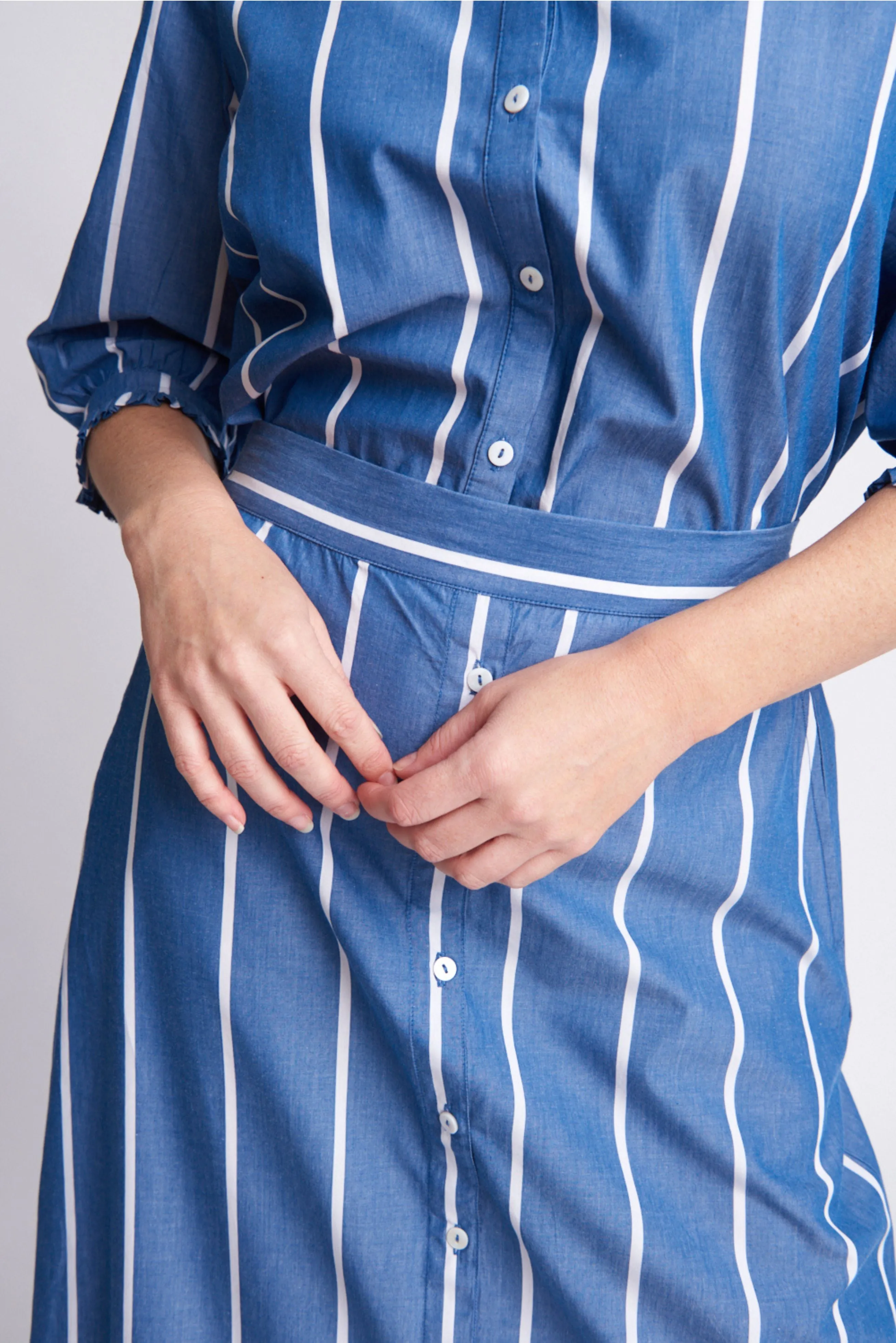 Button Through Navy/White Cotton Maxi Skirt