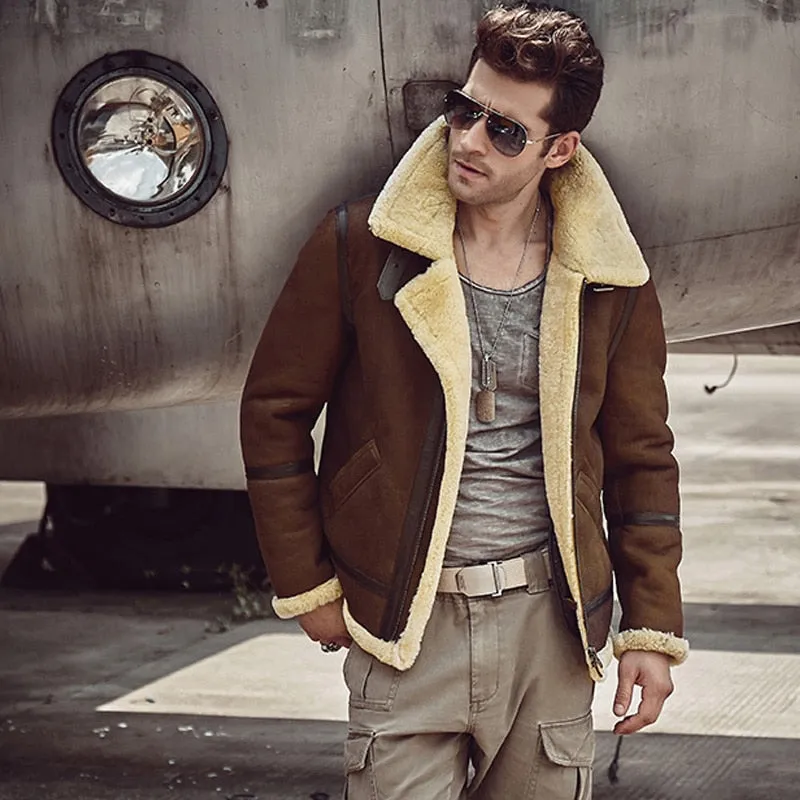 Camel Genuine Leather Shearling Fur Lining Aviation Jacket