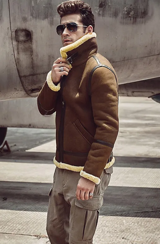 Camel Genuine Leather Shearling Fur Lining Aviation Jacket