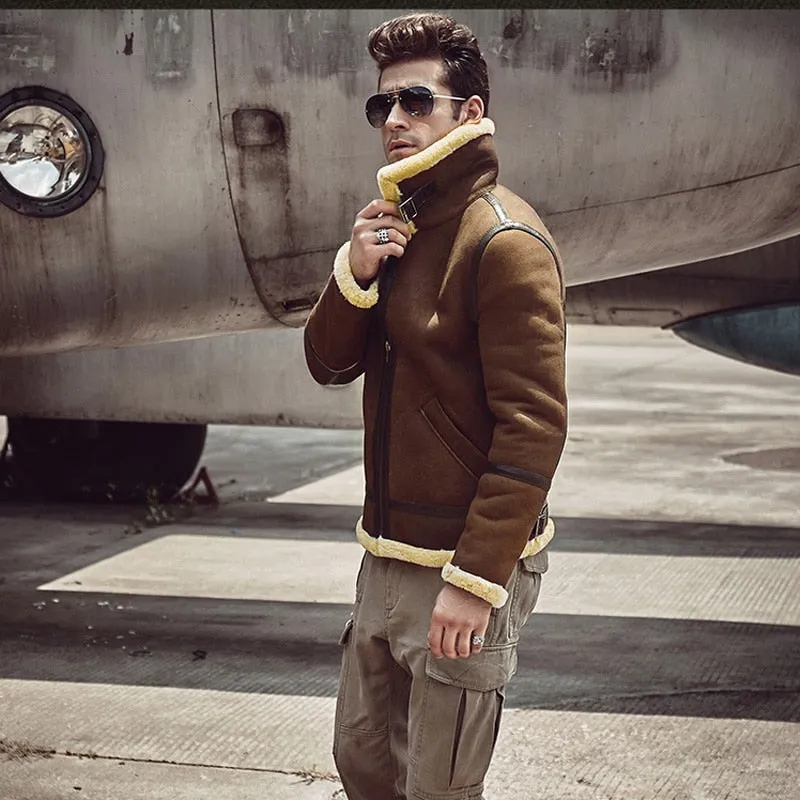 Camel Genuine Leather Shearling Fur Lining Aviation Jacket