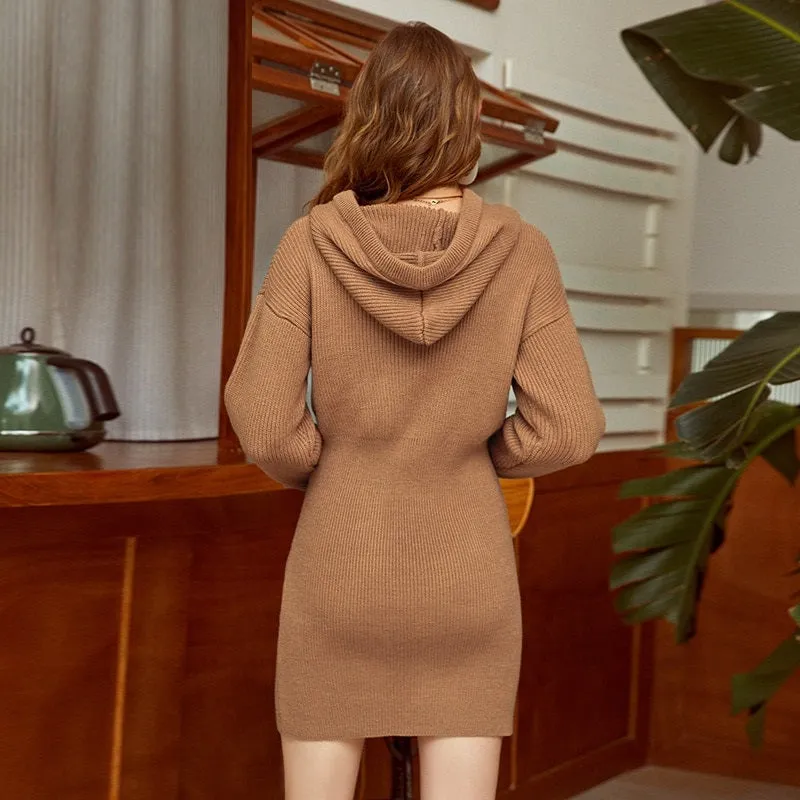 Casual Hooded Collar Sweater Bat Sleeves Drawstring Flexible Mini Dress