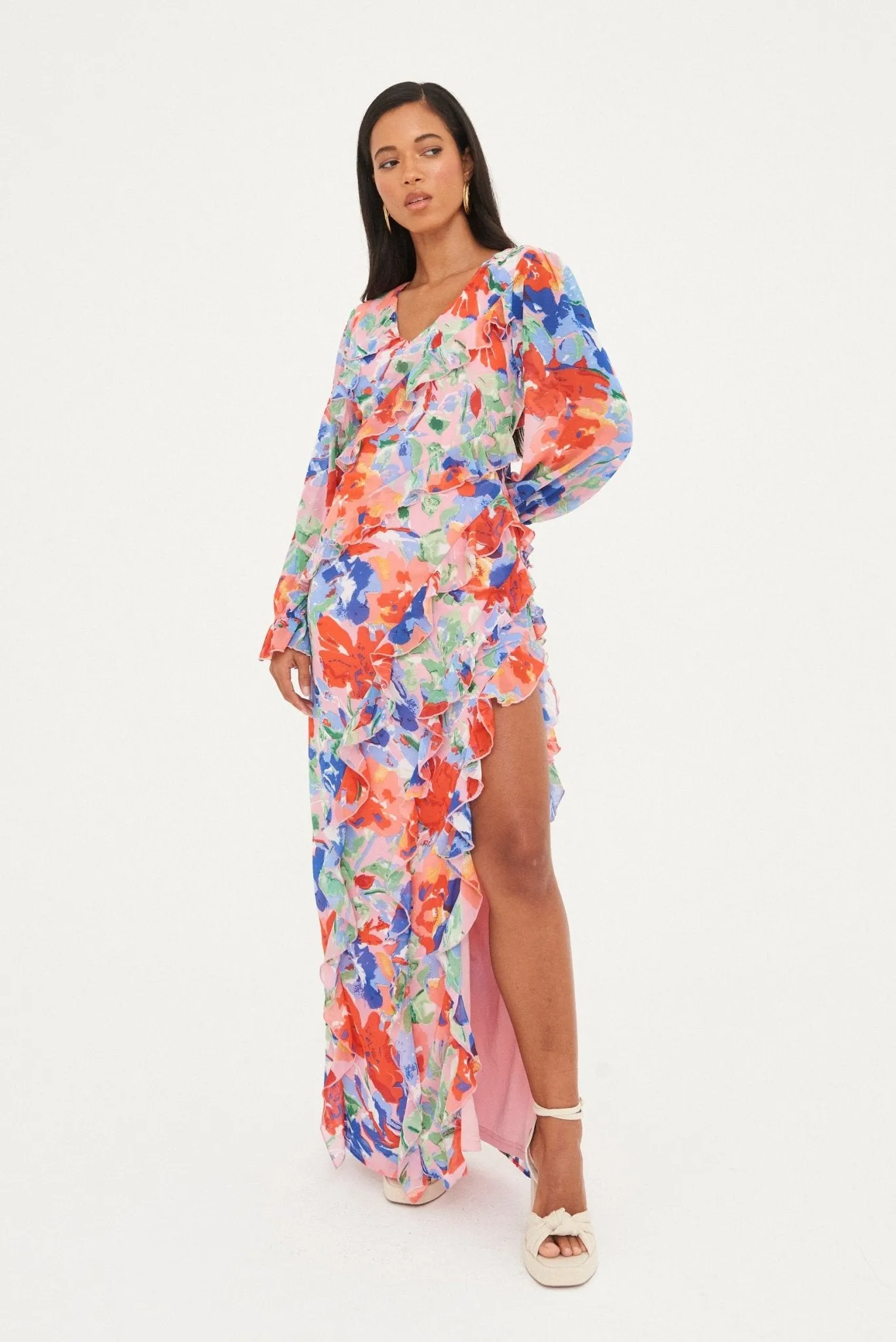 CHIFFON PRINTED RUFFLE  MAXI DRESS