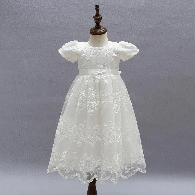 Children's Pure White Wedding Flower Girl Princess Dress Summer Short Sleeves Gorgeous and Elegant Lace Flower Birthday Party Evening Dress