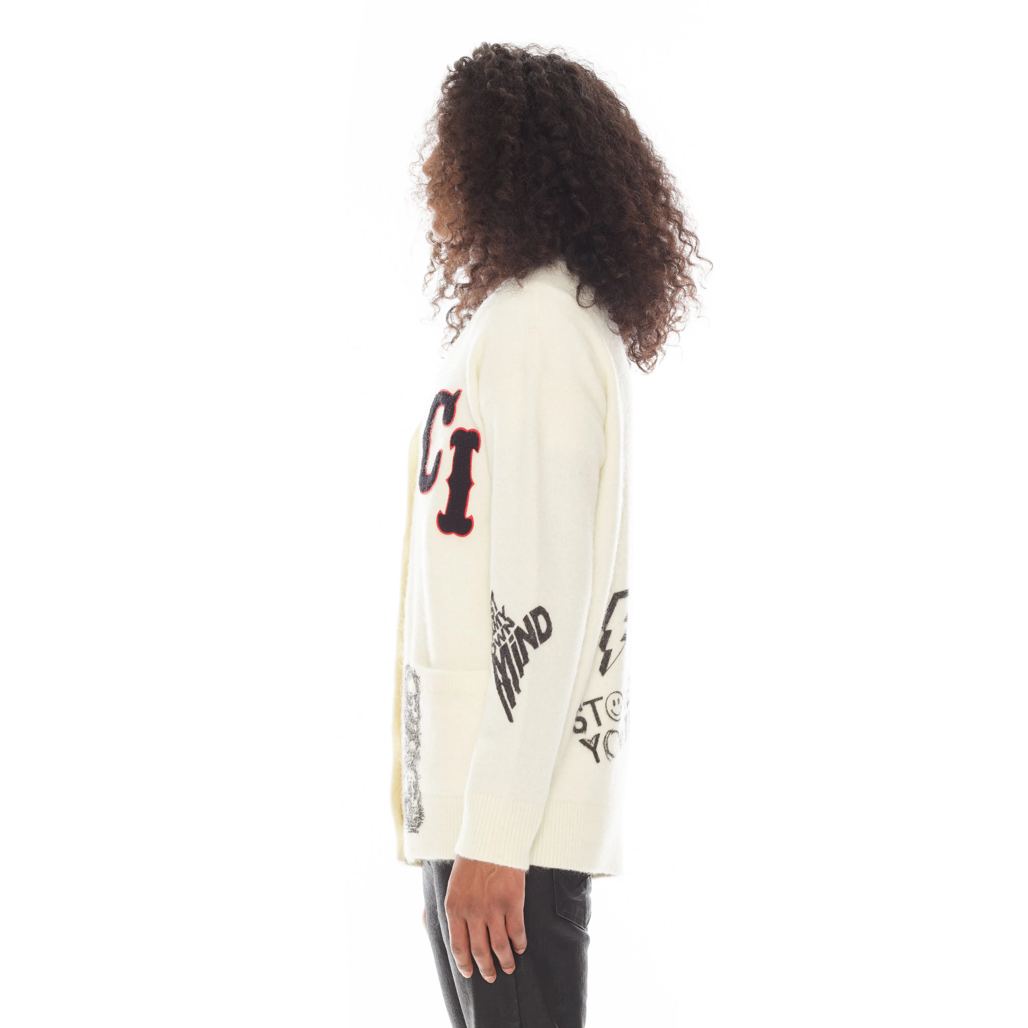 COLLEGIATE CARDIGAN SWEATER IN WINTER WHITE