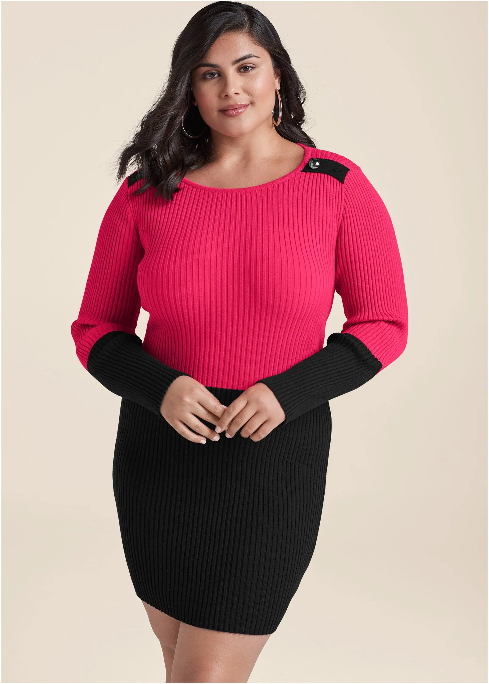 Color Block Sweater Dress - Black & Pink