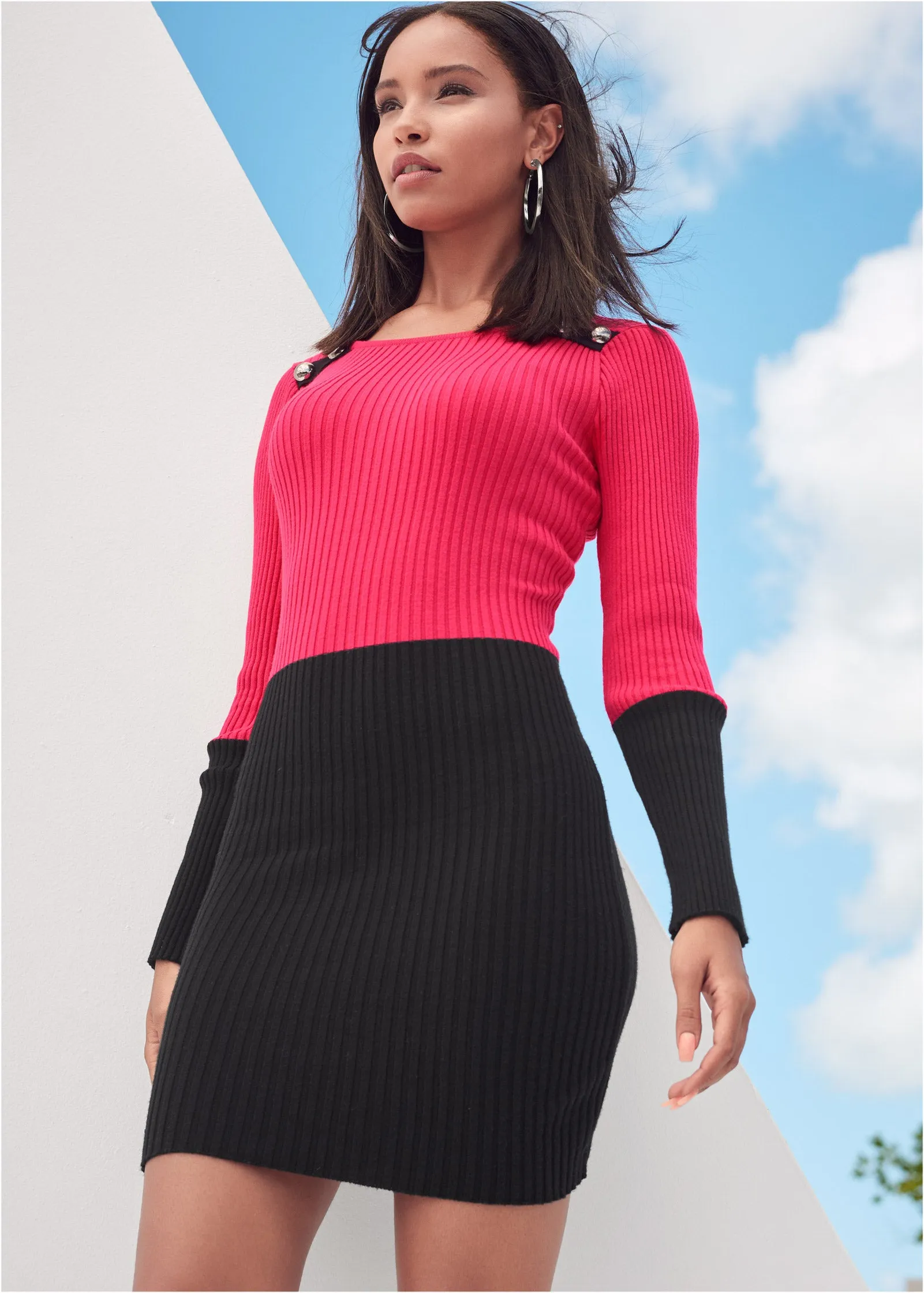 Color Block Sweater Dress - Black & Pink