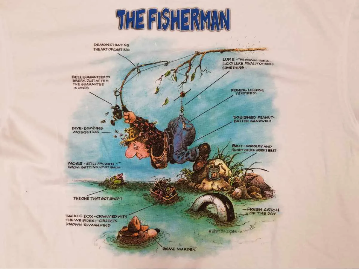 Colosseum White "Hooked on Fishing" Funny Back Graphic SS Crew Neck T-Shirt (L)