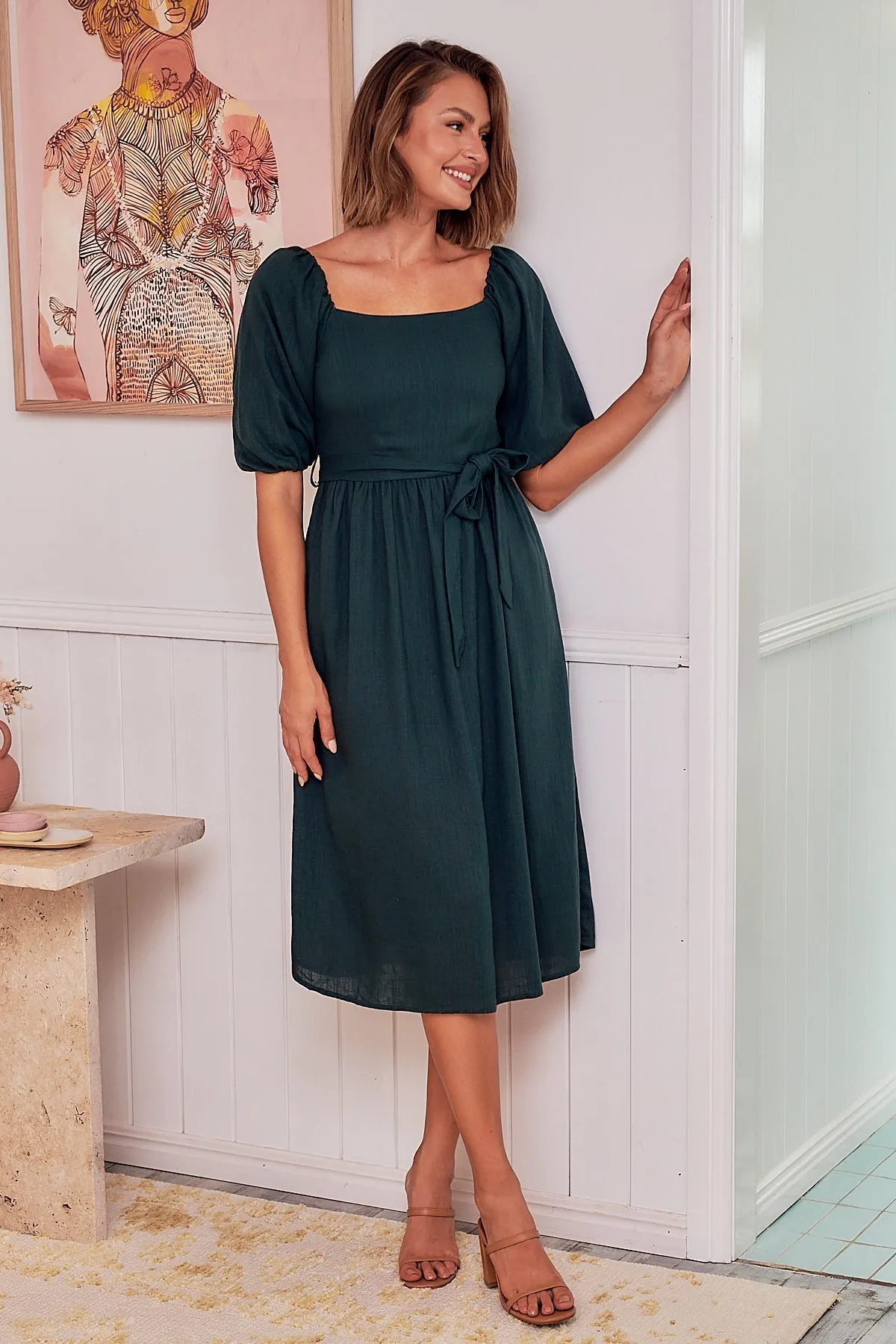 Cora Emerald Linen Tie Maxi Dress