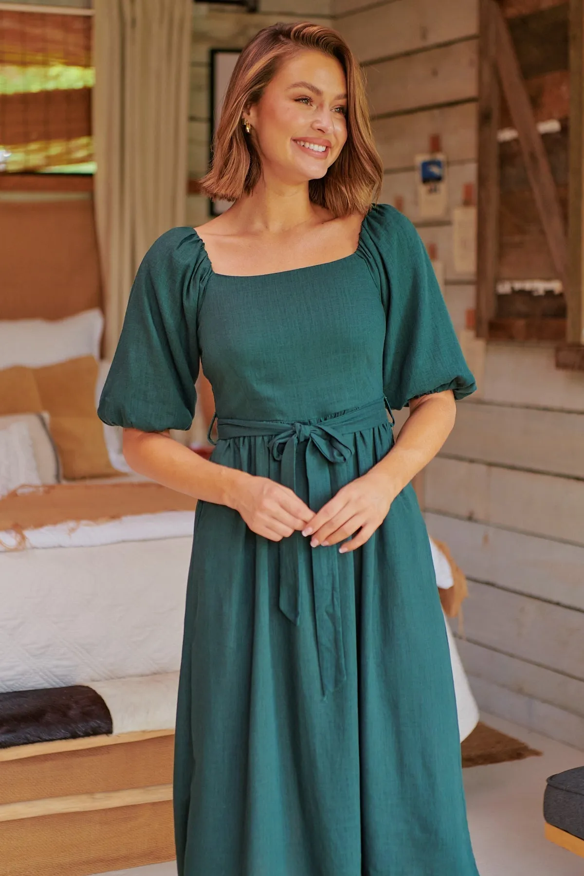 Cora Emerald Linen Tie Maxi Dress