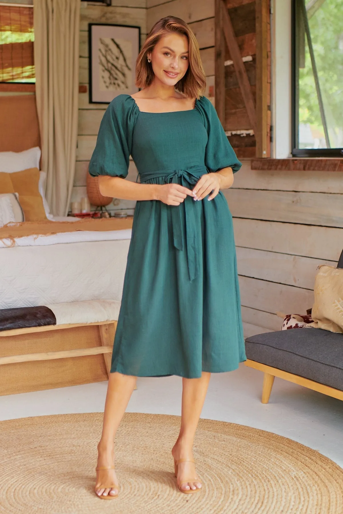 Cora Emerald Linen Tie Maxi Dress