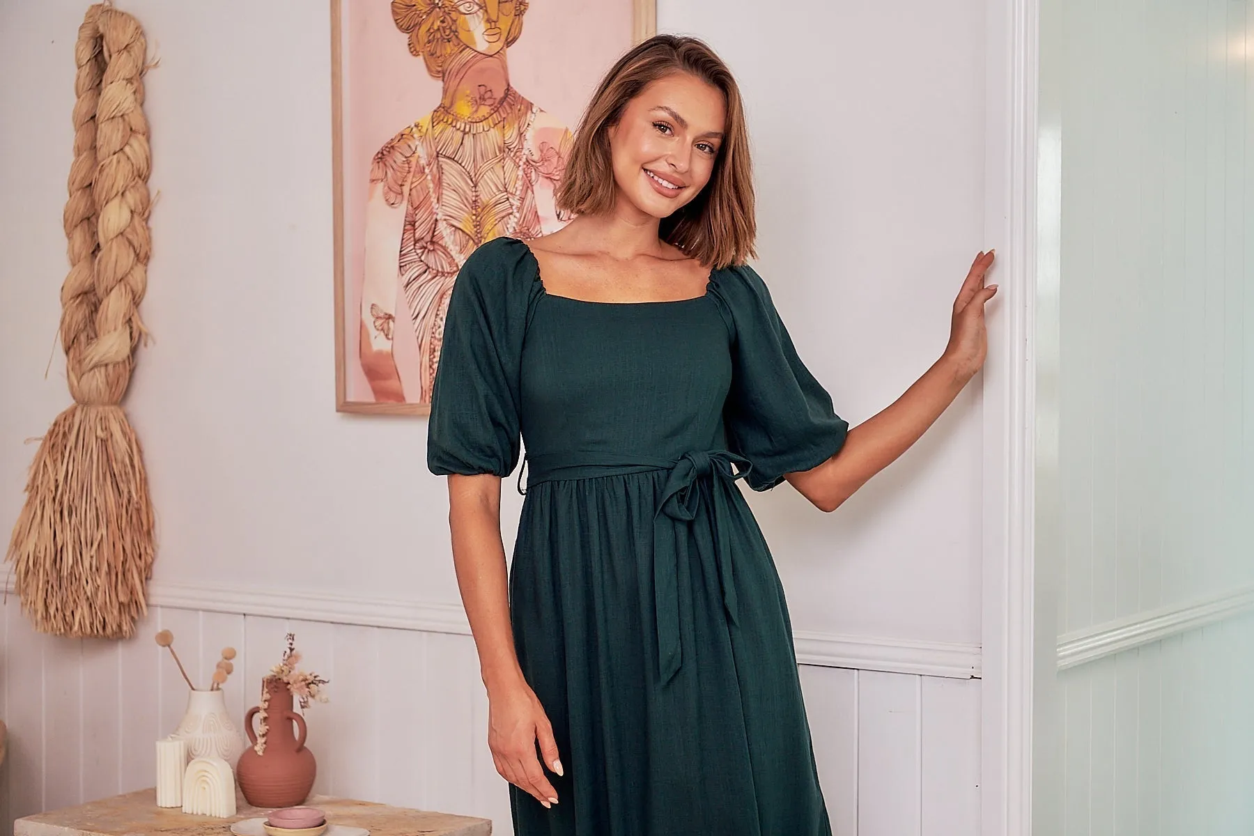 Cora Emerald Linen Tie Maxi Dress