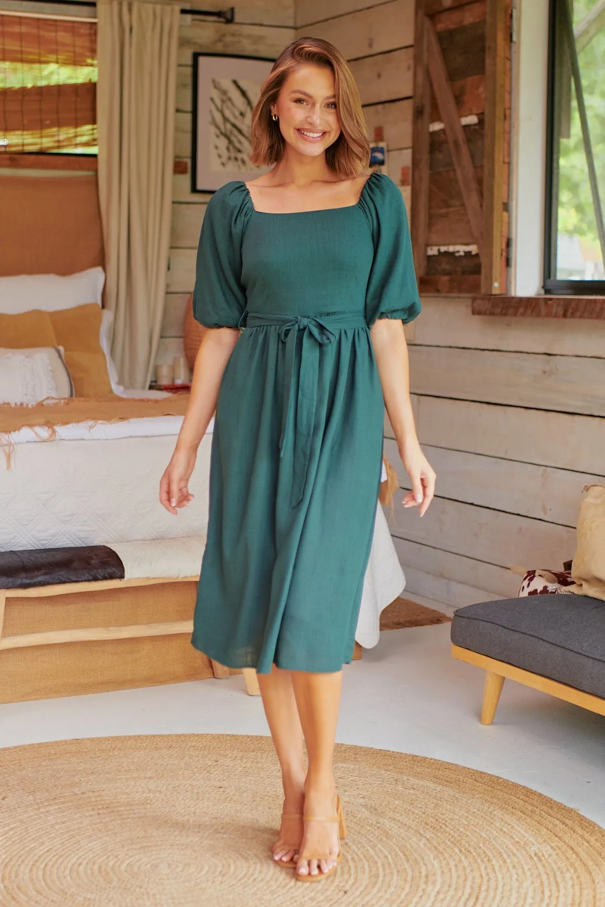 Cora Emerald Linen Tie Maxi Dress