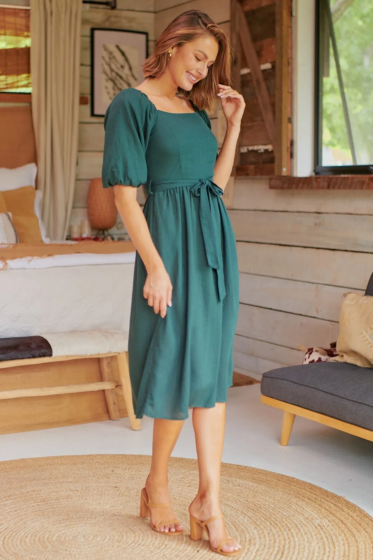 Cora Emerald Linen Tie Maxi Dress