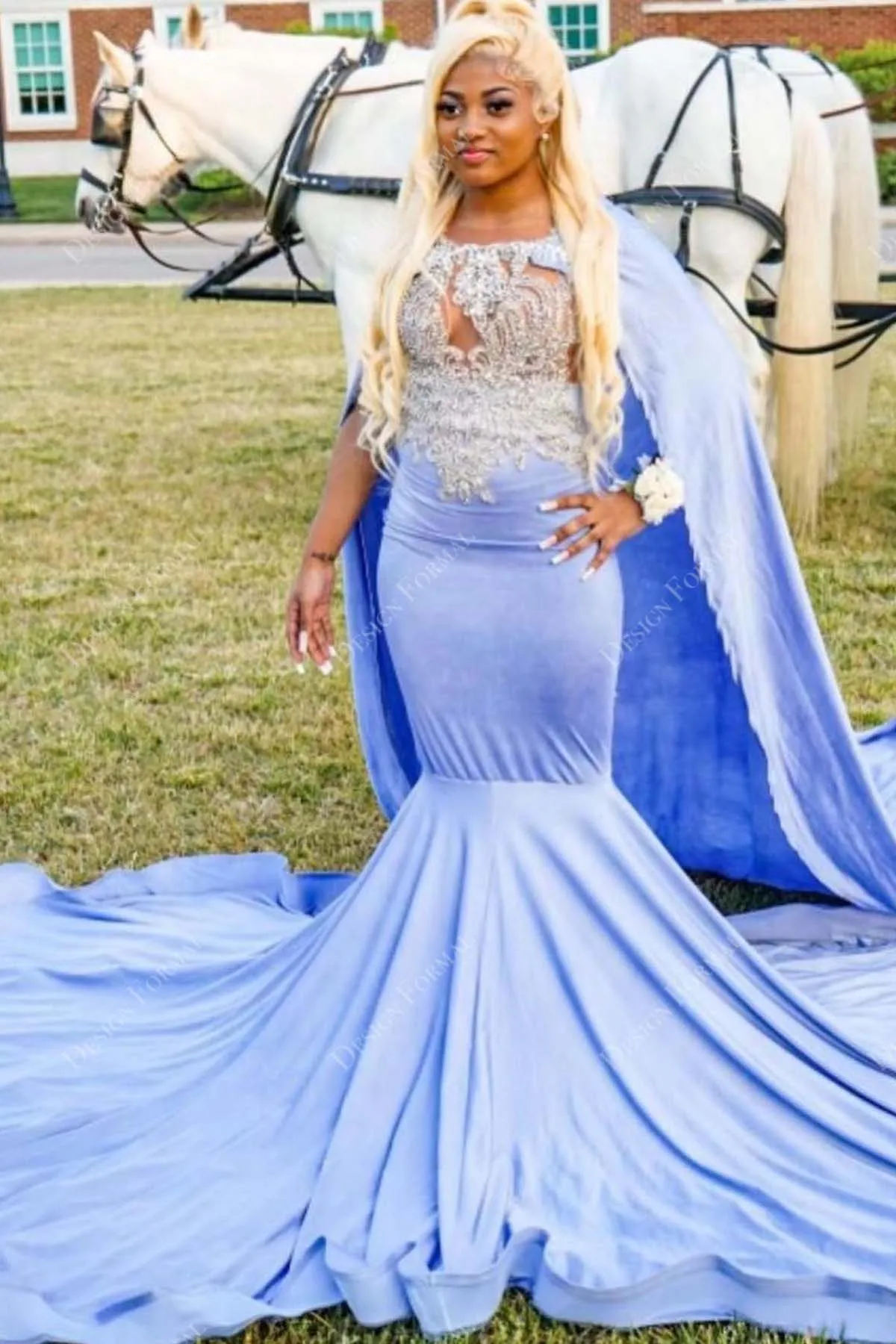 Crystals Blue Jersey Mermaid Long Train Prom Dress with Cape