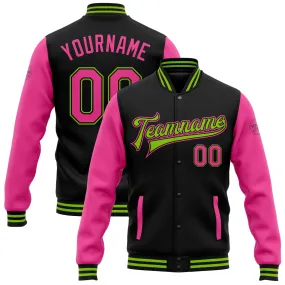 Custom Black Pink-Neon Green Bomber Full-Snap Varsity Letterman Two Tone Jacket