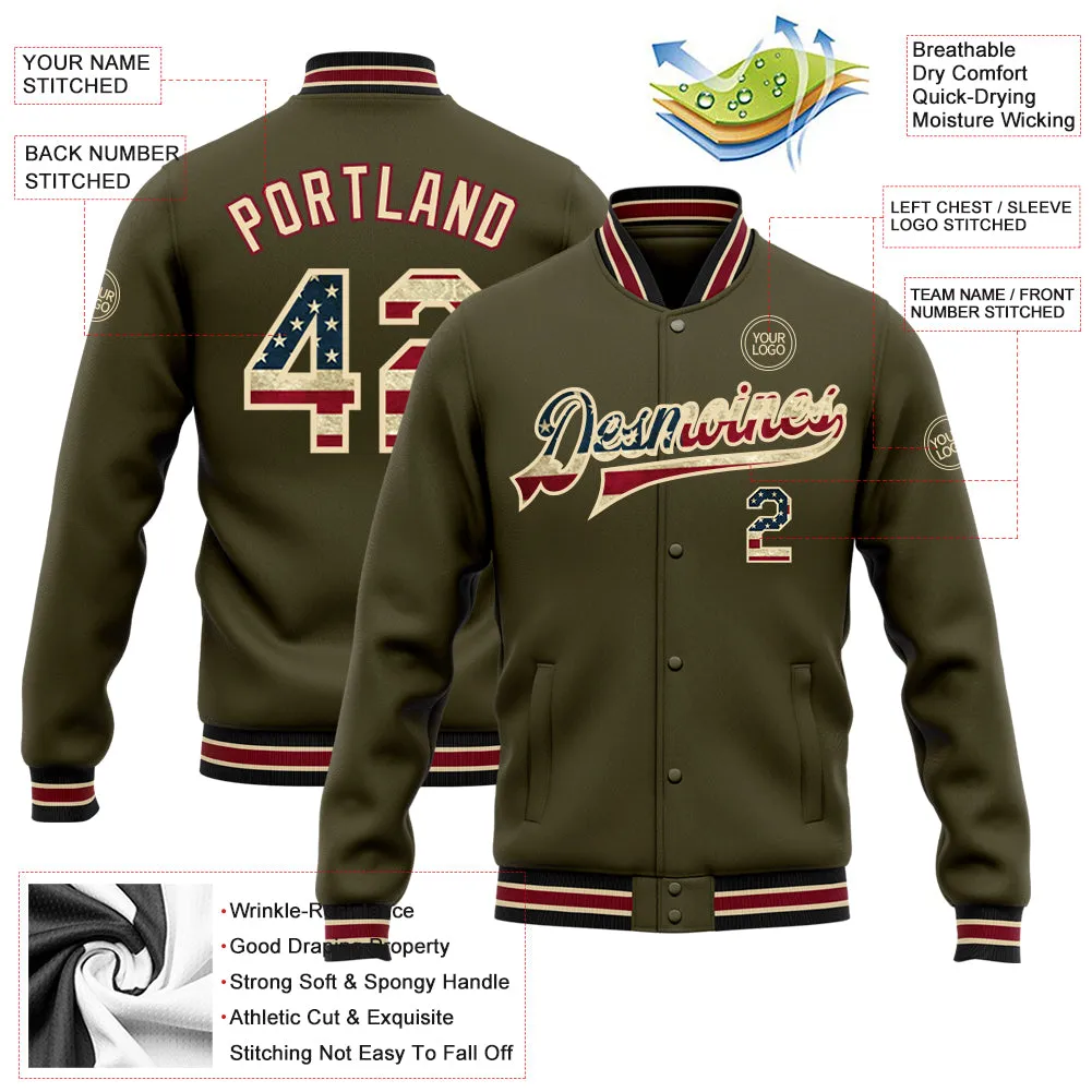 Custom Olive Vintage USA Flag City Cream-Black Bomber Full-Snap Varsity Letterman Salute To Service Jacket