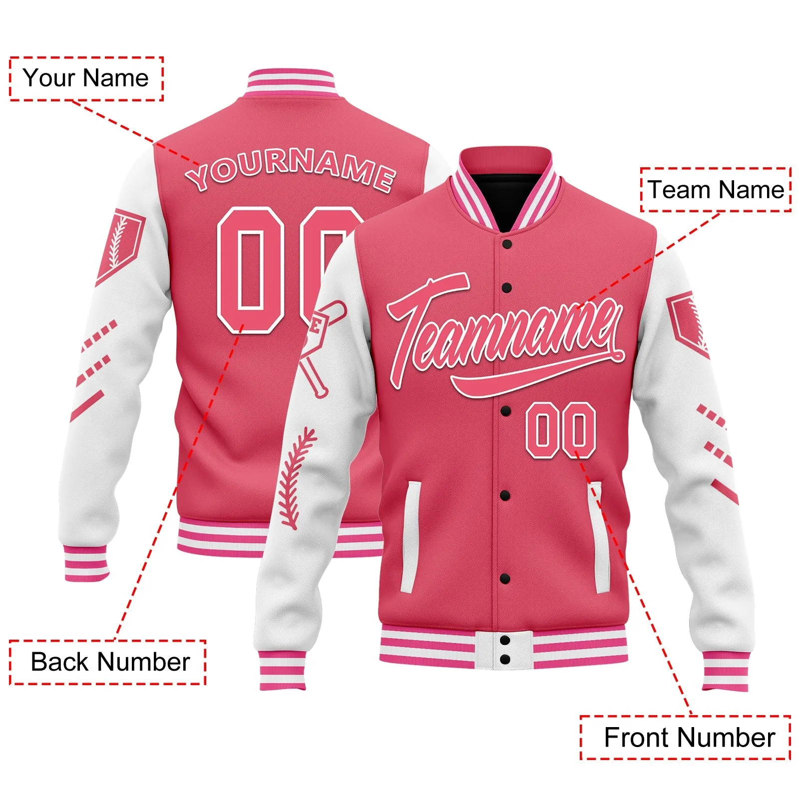 Custom Pink White Raglan Sleeves Jacket Bomber Full-Snap Varsity Letterman Personalized Jacket FZ005-D023002-7