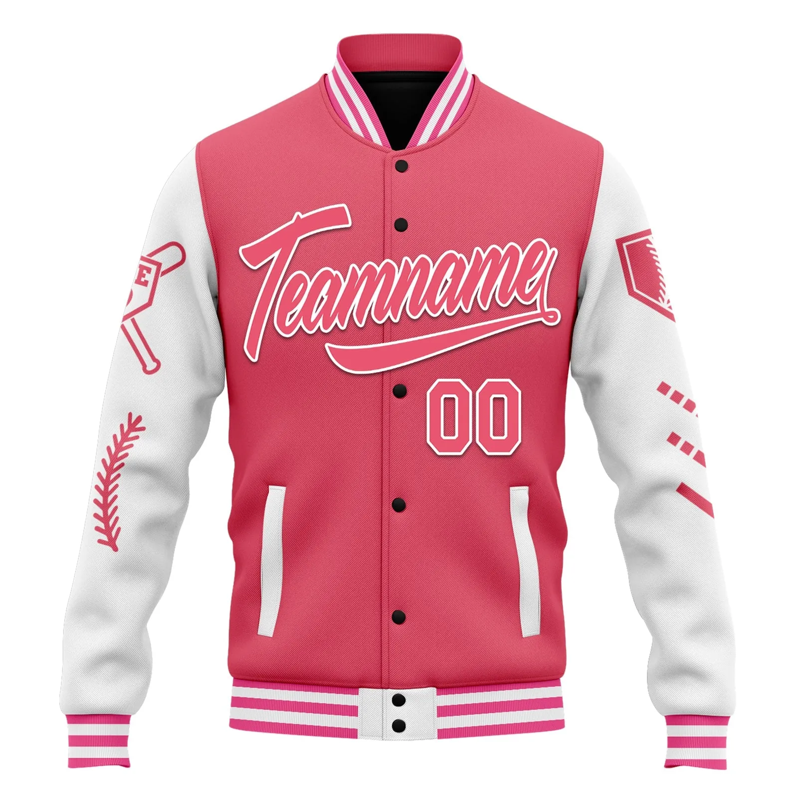 Custom Pink White Raglan Sleeves Jacket Bomber Full-Snap Varsity Letterman Personalized Jacket FZ005-D023002-7